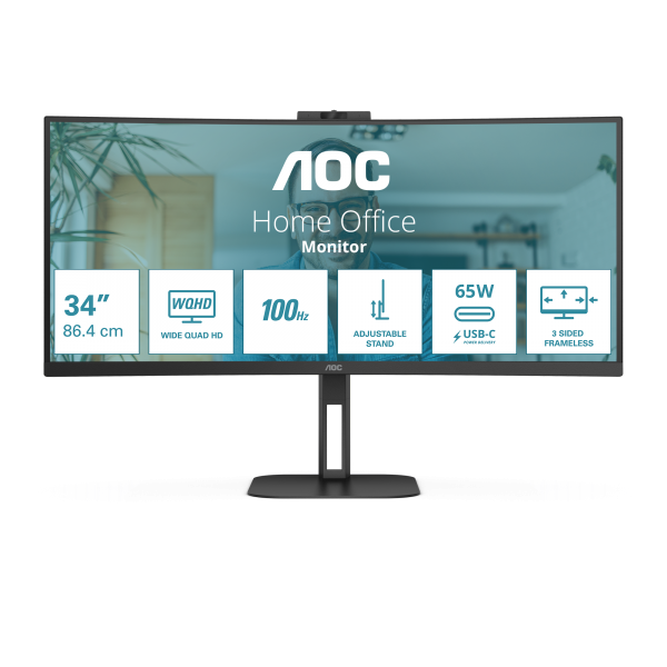 MONITOR AOC LED 34" Wide CURVED CU34V5C/BK VA 3440x1440 4ms 300cd/mq 20.000.000:1 2x5W MM Reg.H HDMI DP USB-C docking - Disponibile in 3-4 giorni lavorativi