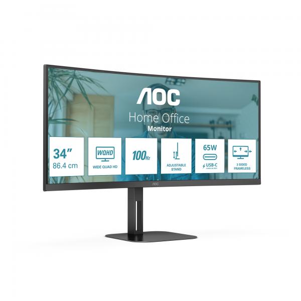 Monitor Nuovo MONITOR AOC LED 34" Wide CURVED CU34V5C/BK VA 3440x1440 4ms 300cd/mq 20.000.000:1 2x5W MM Reg.H HDMI DP USB-C docking - Disponibile in 3-4 giorni lavorativi