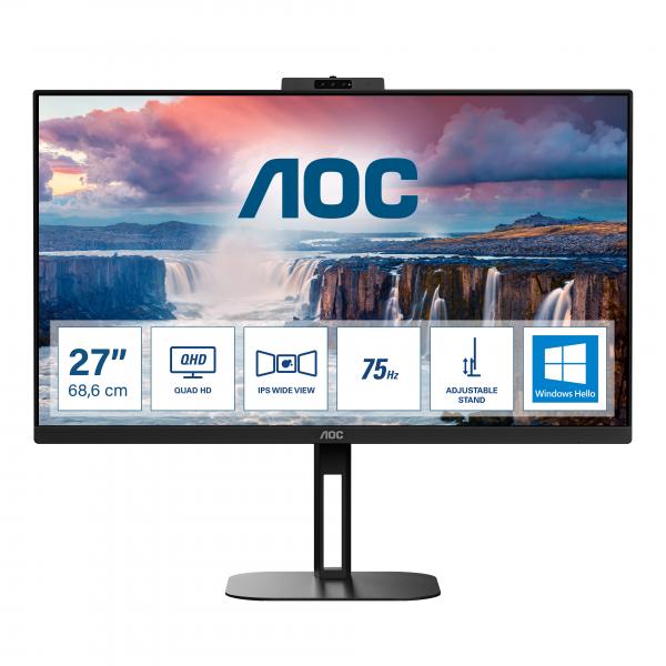 Monitor Nuovo MONITOR AOC LED 27" Wide Q27V5CW/BK IPS 2560x1440 4ms 300cd/mq 20.000.000:1 2x5W MM WEBCAM PIVOT Reg.H HDMI DP USB-C Docking - Disponibile in 3-4 giorni lavorativi