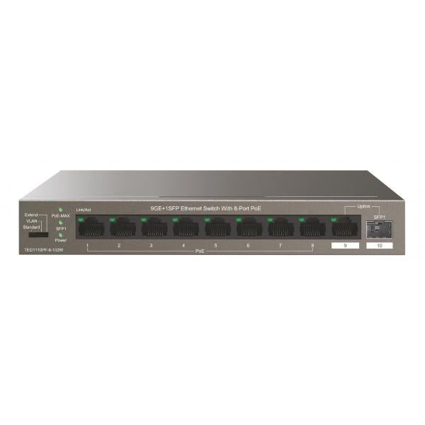 SWITCH TENDA TEG1110PF-8-102W 10P GIGABIT DESKTOP 10/100/1000M 9P GE(DI CUI 8P POE)+1SFP - Disponibile in 3-4 giorni lavorativi