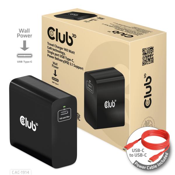 CLUB 3D TRAVEL CHARGER 140 WATT GaN TECHNOLOGY SINGLE PORT USB TYPE-C POWER DELIVERY(PD) 3.1 SUPPORT - Disponibile in 3-4 giorni lavorativi