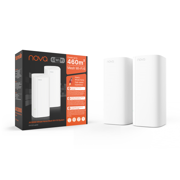 ROUTER TENDA NOVA EX12-2 2PACK AX3000 Whole Home Mesh Wi-Fi 6 System-160MHz Bandwidth,1.7GHz Quad-Core CPU,RAM 256MB DDR3 - Disponibile in 3-4 giorni lavorativi