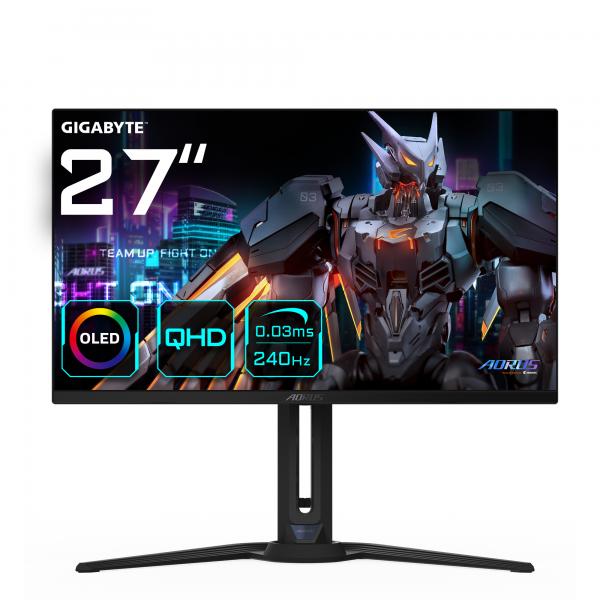 GIGABYTE AORUS Monitor da gioco FO27Q2 OLED QHD da 27" - 2560 x 1440, 240Hz, 0,03ms, KVM, 250 cd/m, FreeSync Premium Pro, DisplayHDR True Black 400, HDMI 2.1 - Disponibile in 6-7 giorni lavorativi