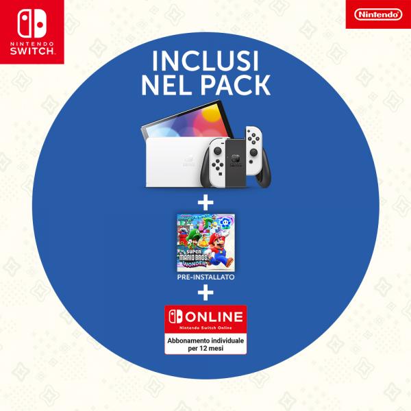 Switch Console OLED White + Super Mario Wonder Preinstallato + 12 Mesi Nintendo Switch Online - Disponibile in 2-3 giorni lavorativi