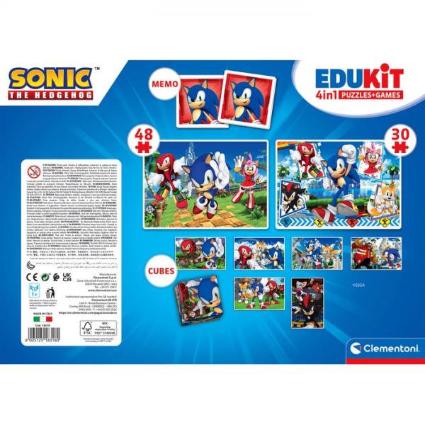 Clementoni - Edukit - Sonic - Scatola didattica 4 in 1 - 2 puzzle, 1 promemoria, 1 set da 6 cubi - Made in Italy - Dai 4 anni in su - Disponibile in 3-4 giorni lavorativi