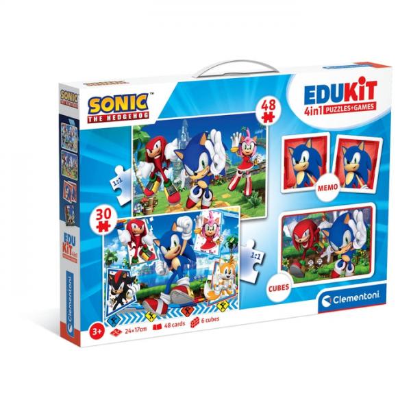 Clementoni - Edukit - Sonic - Scatola didattica 4 in 1 - 2 puzzle, 1 promemoria, 1 set da 6 cubi - Made in Italy - Dai 4 anni in su - Disponibile in 3-4 giorni lavorativi