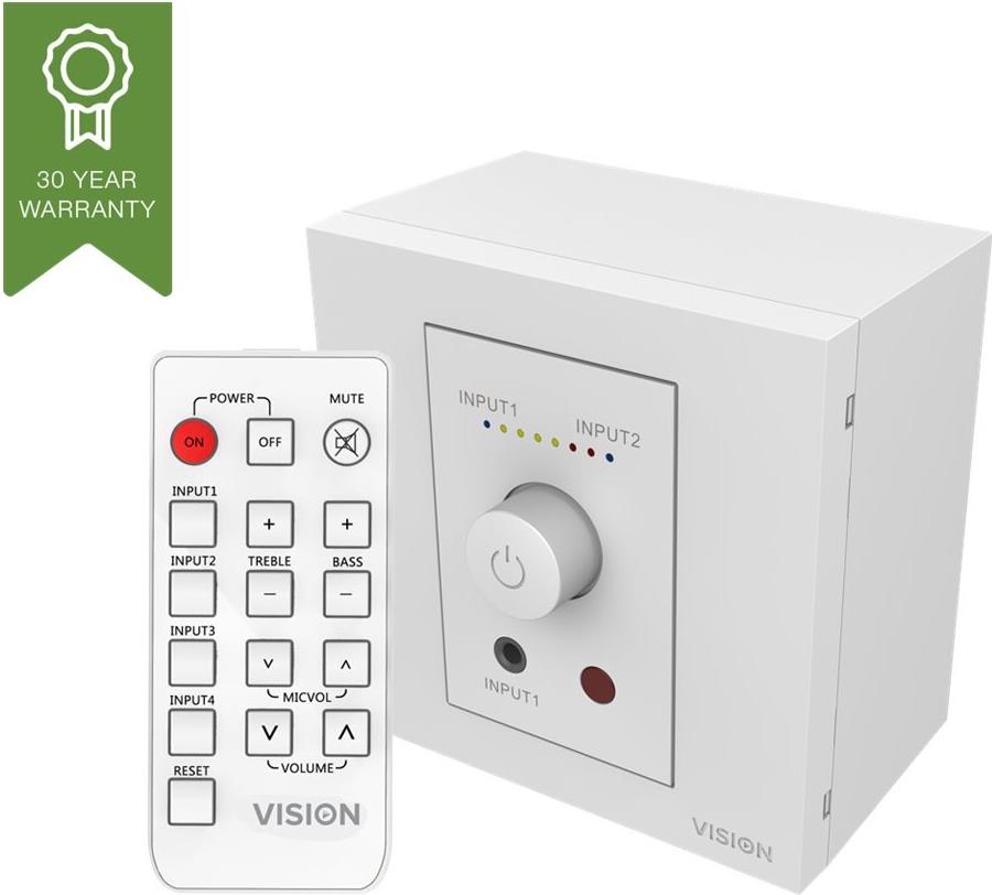 Vision Techconnect Faceplate Audioverstrker mit Lautsprechern - LEBENSLANGE GARANTIE - 2 x 25 W (RMS @ 8 Ohm) - Zwei Eingnge (Eingang 1 an der Vorderseite dupliziert) - Fernbedienung - schaltet auf voreingestelltem Pegel ein oder setzt die vorherige ...