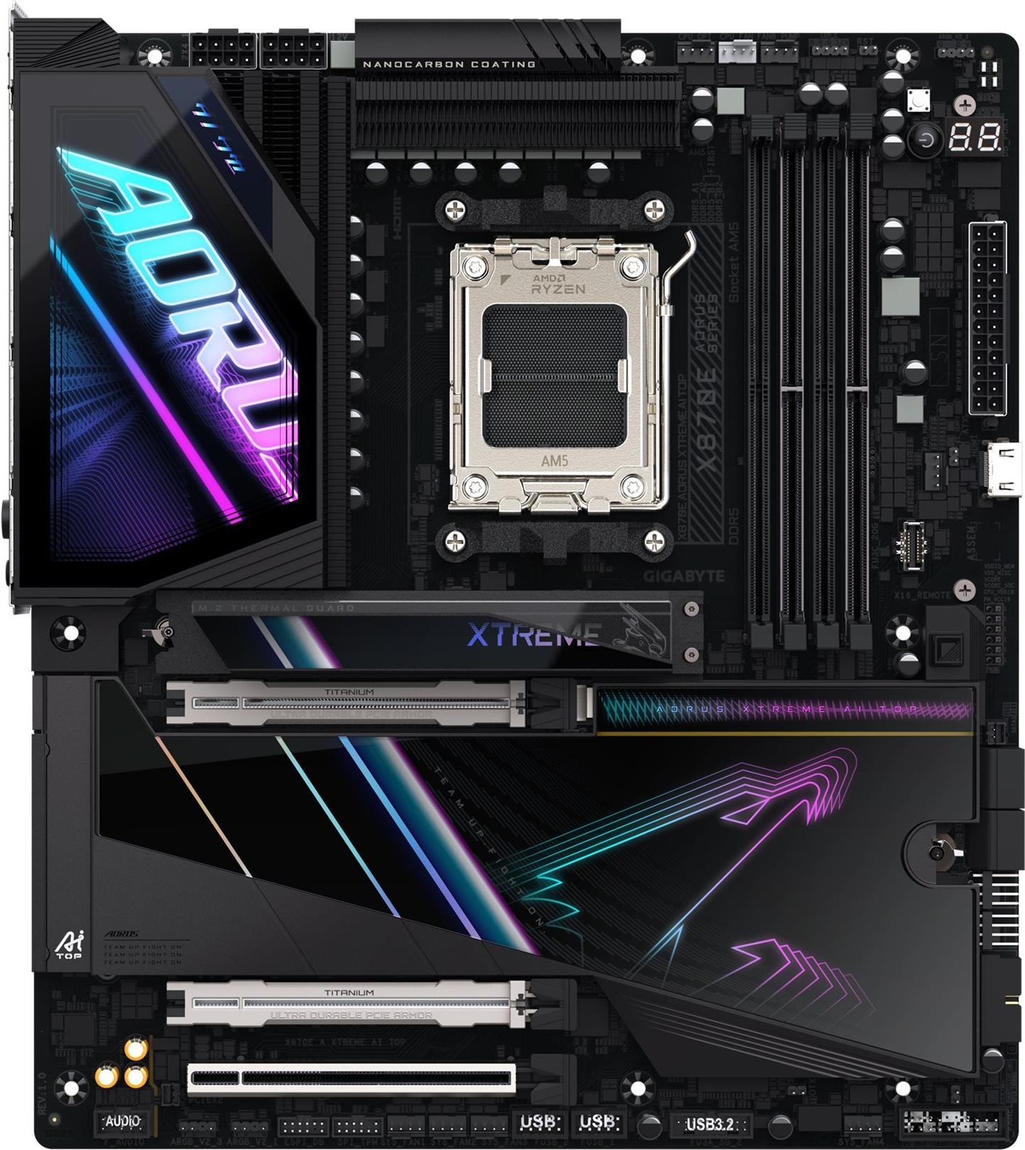 AORUS X870E XTREME AI TOP - Motherboard - ATX - Socket AM5 - AMD X870E Chipsatz - USB-C 3.2 Gen 2x2, USB 3.2 Gen 1, USB 3.2 Gen 2, USB4 - 2 x 10 Gigabit LAN, Bluetooth, Wi-Fi 7 - Onboard-Grafik (CPU erforderlich) - HD Audio (8-Kanal) (X870E A XTREME ...