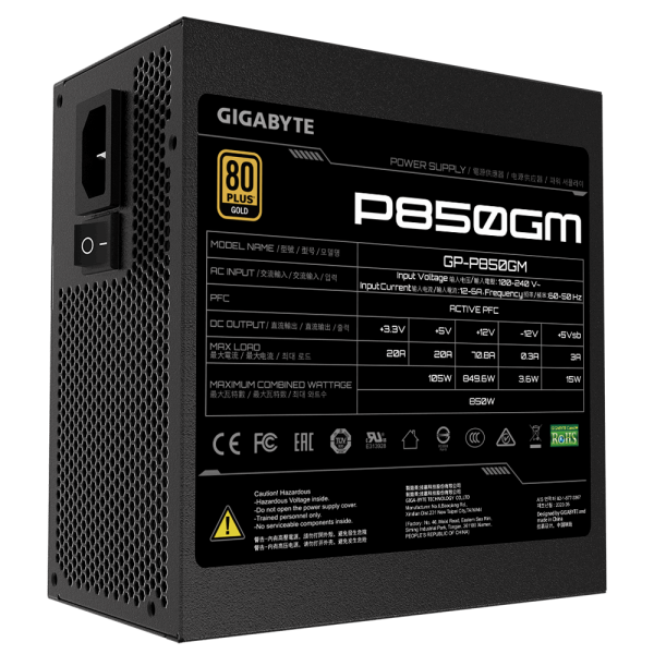 Gigabyte P850GM 850W Modulare 80+ Gold PFC Attivo ATX - Disponibile in 3-4 giorni lavorativi