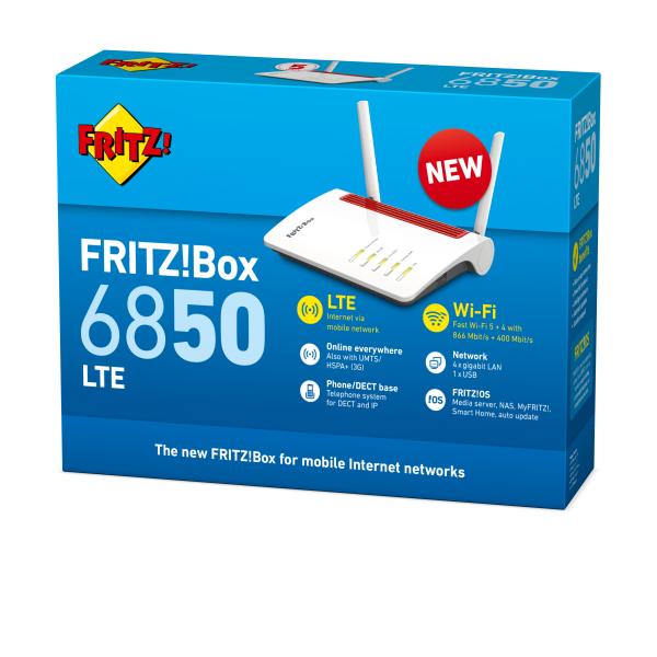 AVM FRITZ! ROUTER FRITZ!BOX 6850 LTE INTERNATIONAL 4 PORTE LAN GIGABIT RJ-45,1XUSB 3.0, 1 PORTA TE LEFONICA ANALOGICA, 1 SLOT SIM - Disponibile in 3-4 giorni lavorativi