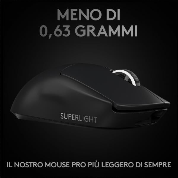 LOGITECH G PRO X SUPERLIGHT MOUSE GAMING WIRELESS SENSORE HERO 25K 25.600 DPI 5 TASTI PROGRAMMABILI LUNGA AUTONOMIA MEMORIA INTEGRATA PER ESPORT COMPATIBILE CON PC E MAC NERO - Disponibile in 3-4 giorni lavorativi Logitech