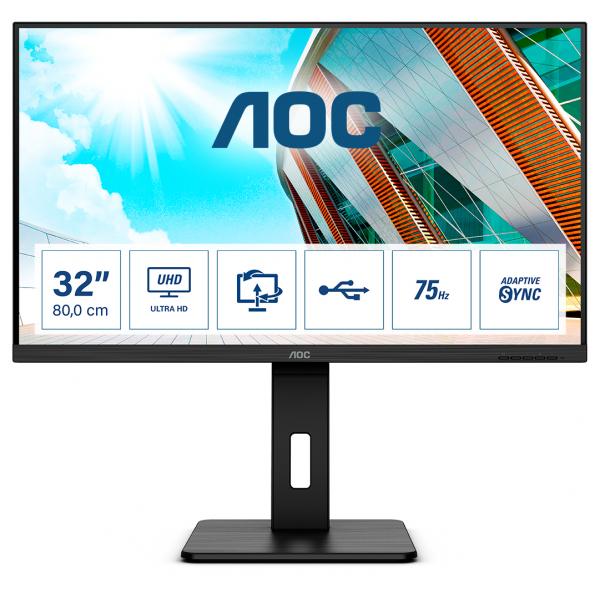 Monitor Nuovo MONITOR AOC LED 31.5" Wide U32P2 VA 3840x2160 4ms 350cd/mq 3.000:1(50.000.000:1) 2x3W MM Reg.H PIVOT 2HDMI DP - Disponibile in 3-4 giorni lavorativi