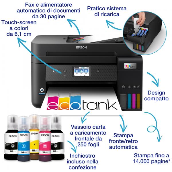 Stampante multifunzione Inkjet EPSON MULTIF. INK A4 COLORE, ECOTANK ET-4800, 33PPM, ADF, FRONTE/RETRO MANUALE, USB/LAN/WIFI, 4 IN 1 - Disponibile in 3-4 giorni lavorativi