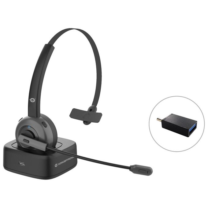 Conceptronic POLONA03BD Cuffia Wireless a Padiglione Ufficio Bluetooth Base di Ricarica Nero - Disponibile in 3-4 giorni lavorativi