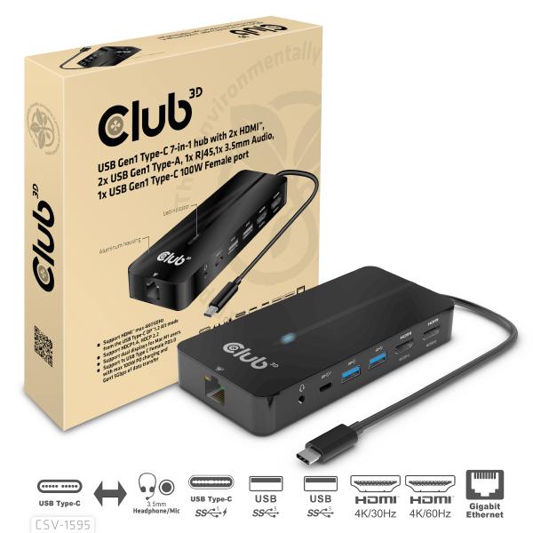 CLUB 3D HUB USB GEN1 TYPE-C 7-in-1 2x HDMI, 2x USB GEN1 TYPE-A, 1x RJ45, 1x 3.5mm Audio, 1x USB GEN - Disponibile in 3-4 giorni lavorativi