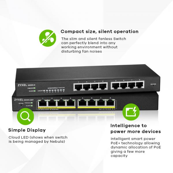 Zyxel GS1915-8EP Gestito L2 Gigabit Ethernet 10-100-1000 Supporto Power Over Ethernet Nero - Disponibile in 3-4 giorni lavorativi