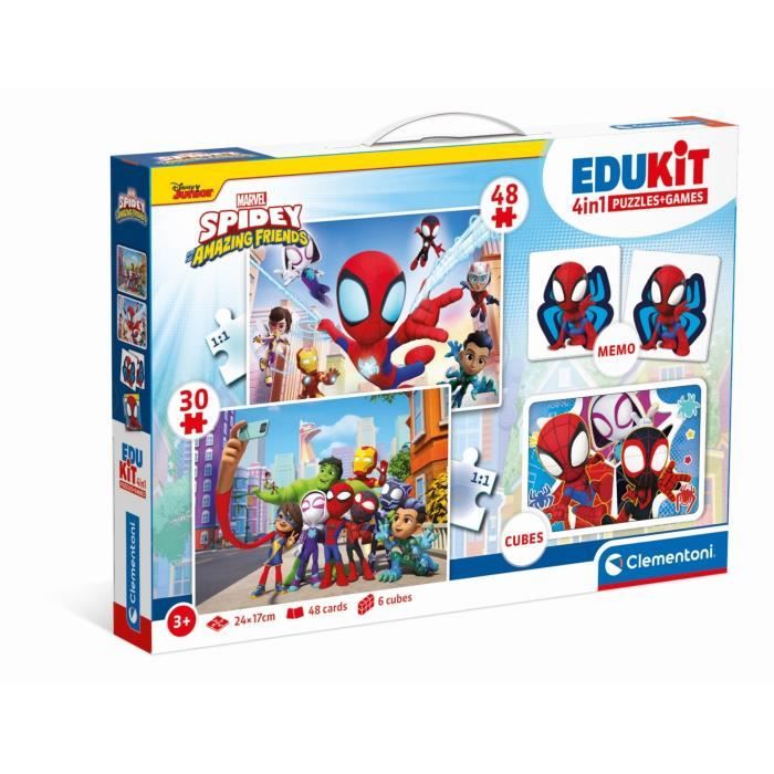 Clementoni - Edukit - Cofanetto Spidey 4 in 1 - Un puzzle da 30 e 48 pezzi, un promemoria e sei cubi - Dai 4 anni in su - Disponibile in 3-4 giorni lavorativi