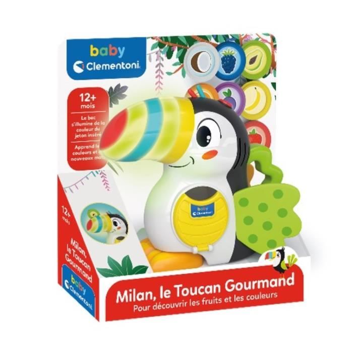 Baby Clementoni - Milano, il tucano goloso - Gioco educativo con funzioni elettroniche - Becco luminoso - Ali in stoffa - Disponibile in 3-4 giorni lavorativi