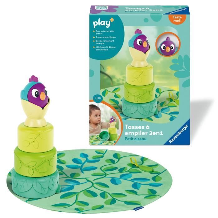 Ravensburger -PLAY + - Bicchieri impilabili uccellini 3 in 1 - A partire da 6 mesi - Versione francese - 34007 - Disponibile in 3-4 giorni lavorativi