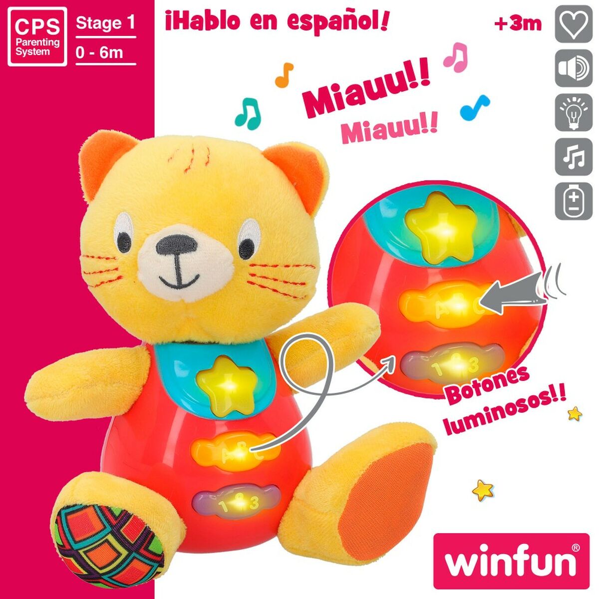 Peluche con Suono Winfun Gatto 16 x 17,5 x 10,5 cm (6 Unità) - Disponibile in 3-4 giorni lavorativi