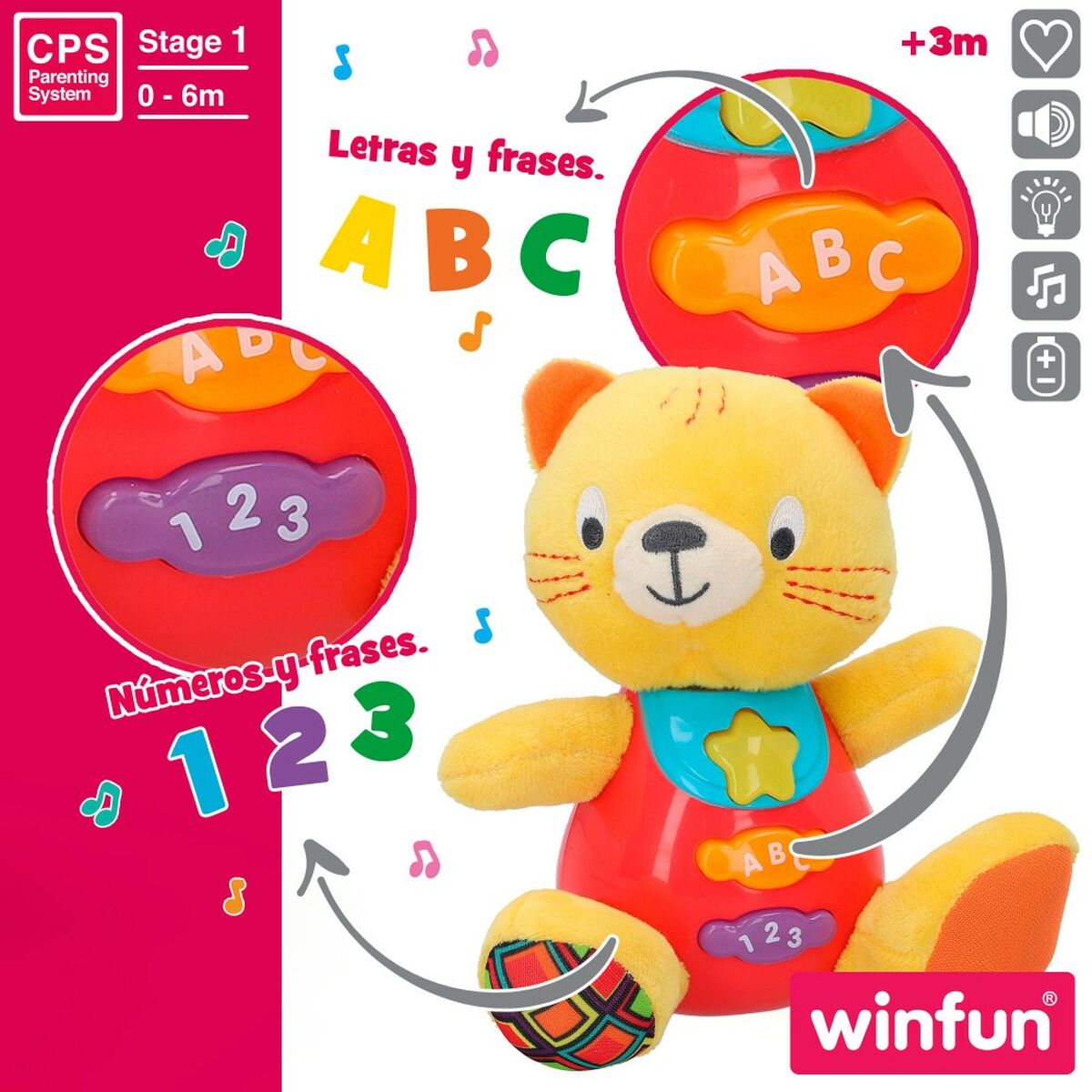 Peluche con Suono Winfun Gatto 16 x 17,5 x 10,5 cm (6 Unità) - Disponibile in 3-4 giorni lavorativi