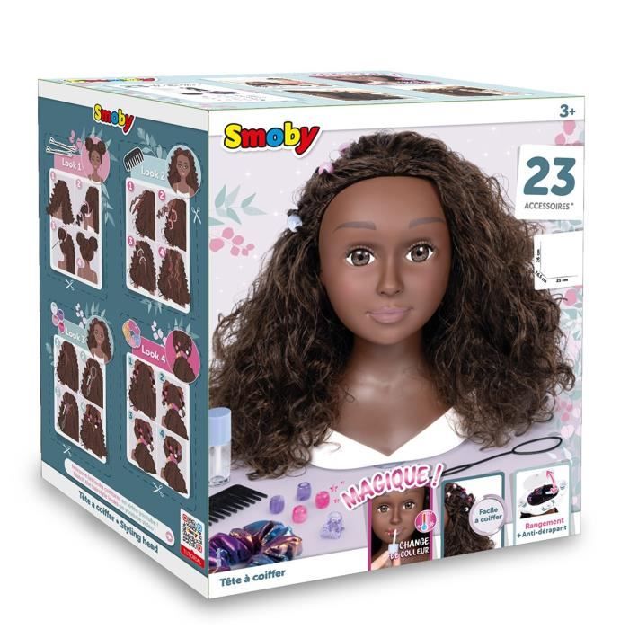 Smoby - Testa per acconciature afro - Facile da modellare - 23 accessori realistici - Labbra sensibili al calore - Sportello portaoggetti - Disponibile in 3-4 giorni lavorativi