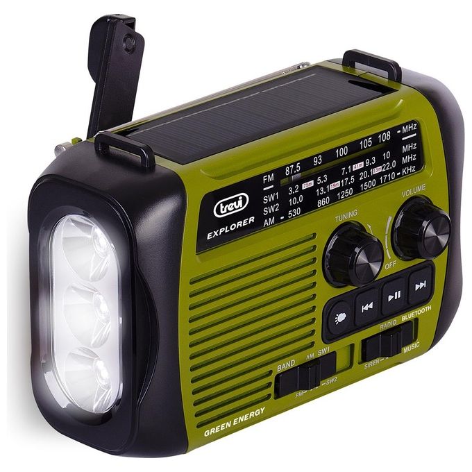 Trevi RA 7F30 BT Radio Portatile Dinamo e Solare Usb Micro Sd Wireless e Powerbank Verde - Disponibile in 3-4 giorni lavorativi