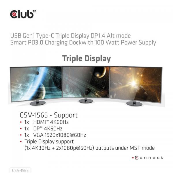 Club3d Usb Gen1 Type-C Triple Display Dp1.4 Alt Mode Smart Pd3.0 Charging Dock With 100 Watt Power Supply - Disponibile in 3-4 giorni lavorativi Club3d