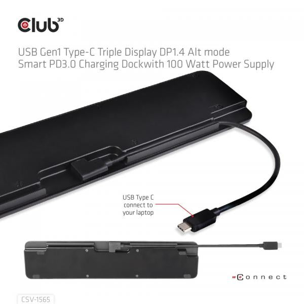 Club3d Usb Gen1 Type-C Triple Display Dp1.4 Alt Mode Smart Pd3.0 Charging Dock With 100 Watt Power Supply - Disponibile in 3-4 giorni lavorativi Club3d