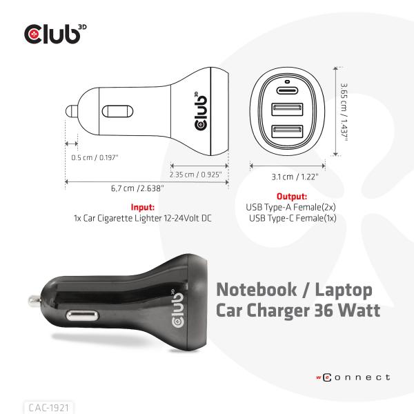 Club3d Caricatore da Auto per Notebook/Laptop 12V 36 Watt - Disponibile in 3-4 giorni lavorativi Club3d