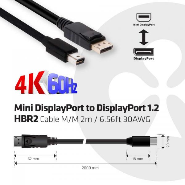 Club3d CAC-2163 Cavo Mini DisplayPort 1.2 M a DisplayPort M 2mt 4K 60Hz Bi-Directional - Disponibile in 3-4 giorni lavorativi Club3d