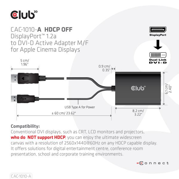 Club3d CAC-1010-A Cavo e Adattatore Video 0.6mt DisplayPort DVI-D USB - Disponibile in 3-4 giorni lavorativi Club3d