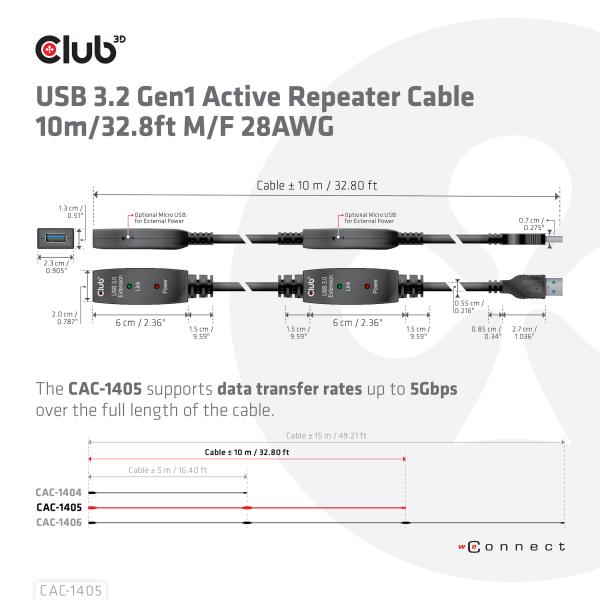 Club3d CAC-1405 Cavo USB 10mt USB 3.2 Gen 2 USB A Nero - Disponibile in 3-4 giorni lavorativi Club3d