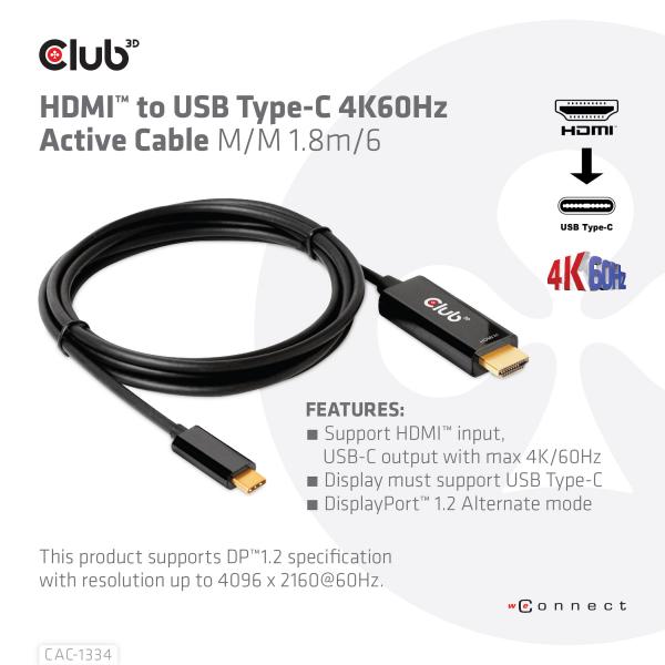 Club3D Cavo Attivo Hdmi a Usb Tipo C 4K60Hz M/M 1.8mt - Disponibile in 3-4 giorni lavorativi Club3d