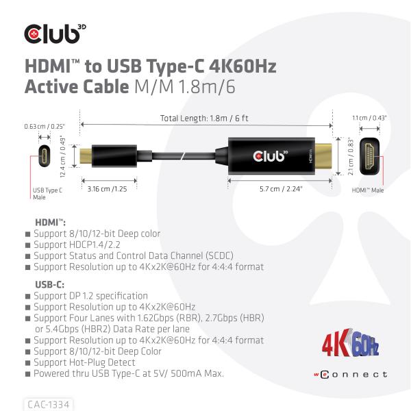 Club3D Cavo Attivo Hdmi a Usb Tipo C 4K60Hz M/M 1.8mt - Disponibile in 3-4 giorni lavorativi Club3d